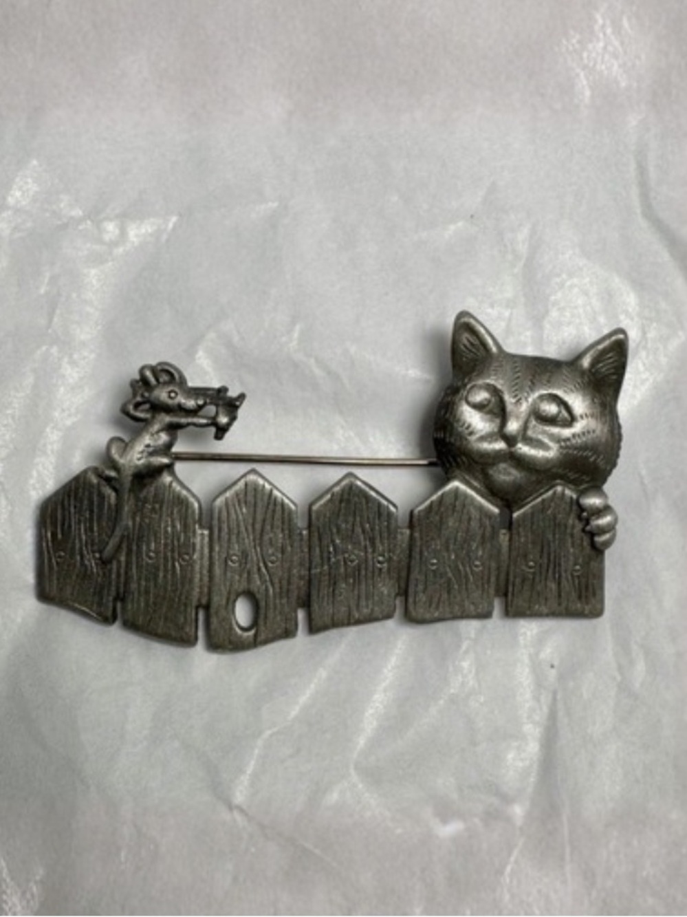 Vintage AJC Cat and Mouse Brooch Pin with Wooden Fence Design